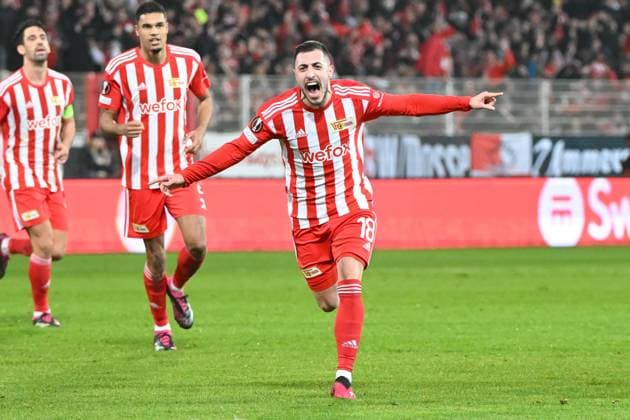 Fussball, Herren, Saison 2022 2023, Europa League, (Play-Offs zum Achtelfinale, Rückspiel), 1. FC Union Berlin - Ajax Amsterdam, Josip Juranovic (1. FC Union Berlin) Torjubel, jubelt nach seinem Treffer zum 2:0 , 23.02. 2022, Copyright: xMatthiasxKochx