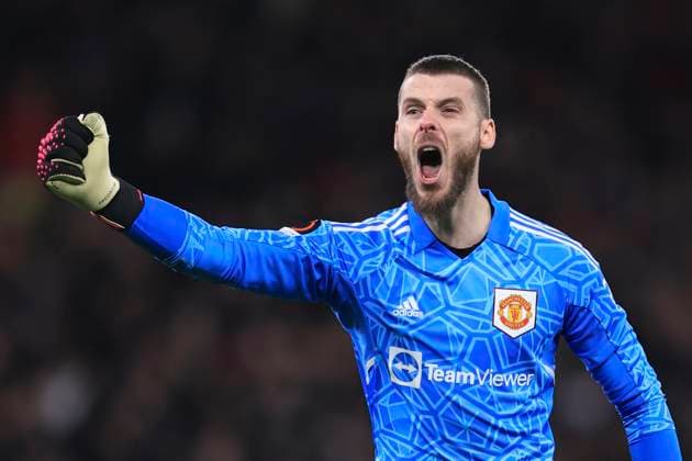 Football - UEFA Europa League - Round of 32 (2nd Leg) - Manchester United, ManU v FC Barcelona, Barca 23rd February 2023 - UEFA Europa League - Round of 32 (2nd Leg) - Manchester United v FC Barcelona - Manchester United goalkeeper David de Gea celebrates his side s first goa - Photo: Simon Stacpoole Offside. Manchester UK Copyright: xSimonxStacpoolexOffside