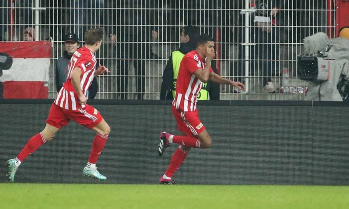 Danilho Doekhi jubelnd nach 3:1 Freude Emotion Jubel Fußball Fussball UEL UEFA Europa League Herren Saison 2022 2023 23.02.2023 1.FC Union Berlin FCU vs. Ajax Amsterdam DFL regulations prohibit any use of photographs as image sequences and or quasi-video.