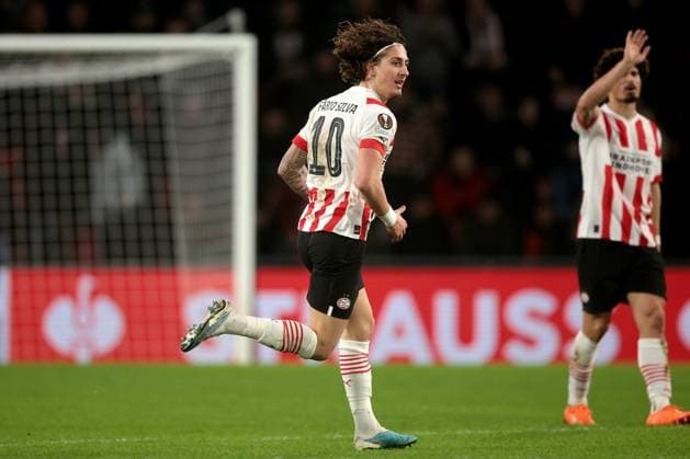EINDHOVEN - Fabio Silva of PSV Eindhoven celebrates the 2-0 during the UEFA Europa league play-off match between PSV Eindhoven and Sevilla FC at Phillips stadium on February 23, 2023 in Eindhoven, Netherlands. AP Dutch Height Jeroen Putmans PSV Eindhoven v Sevilla FC: Knockout Round Play-Off Leg Two - UEFA Europa League 2022 2023 xVIxANPxSportx xJeroenxPutmansxIVx 463457764 originalFilename: 463457764.jpg