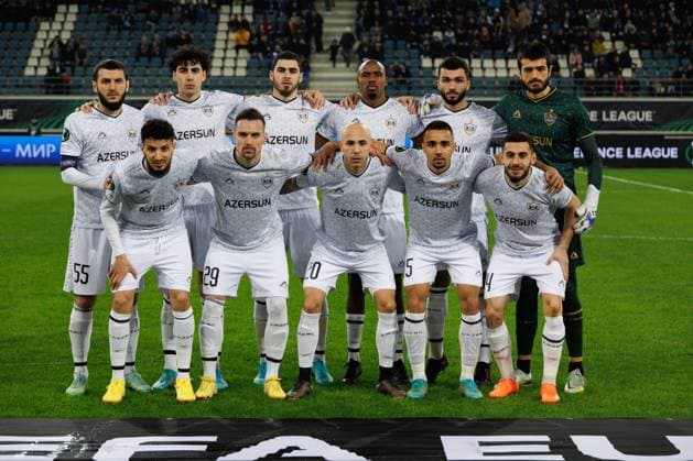 Qarabag s players pictured at the start of a soccer game between Belgian KAA Gent and Azerbaijani Qarabag FK, Thursday 23 February 2023 in Gent, the return leg of the play-off round of the UEFA Europa Conference League competition. Qarabag won the first leg with a 1-0 score. KURTxDESPLENTER  x60684202x