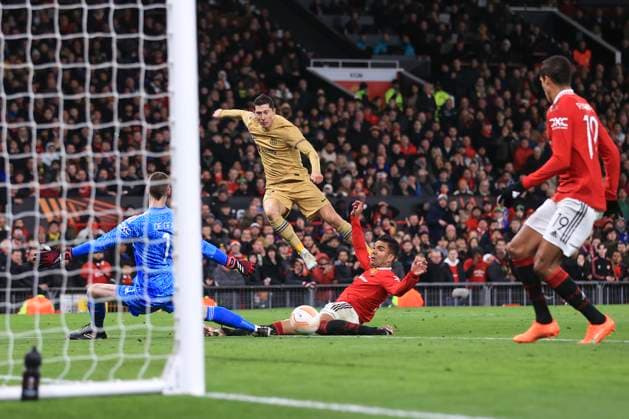 Football - UEFA Europa League - Round of 32 (2nd Leg) - Manchester United, ManU v FC Barcelona, Barca 23rd February 2023 - UEFA Europa League - Round of 32 (2nd Leg) - Manchester United v FC Barcelona - Raphael Varane of Manchester United clears a shot from Robert Lewandowski of Barcelona off the line - Photo: Simon Stacpoole Offside. Manchester UK Copyright: xSimonxStacpoolexOffside