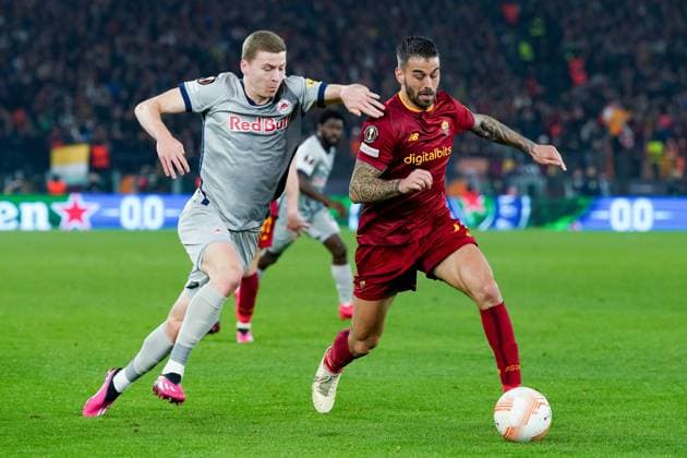 AS Roma v FC Salzburg - UEFA Europa League Leonardo Spinazzola of AS Roma and Ignace Van Der Brempt of FC Salzburg compete for the ball during the UEFA Europa League knockout round play-off leg two match between AS Roma and FC Salzburg at Stadio Olimpico, Rome, Italy on 23 February 2023. Rome Rome Italy  Copyright: xGiuseppexMaffiax originalFilename:maffia-asromavf230223_nptDp.jpg