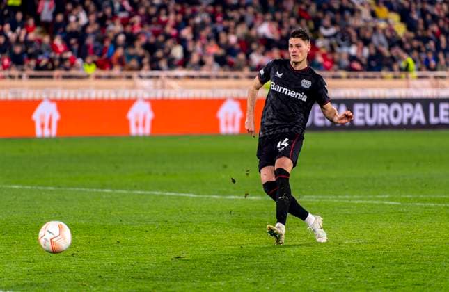 23.02.2023, Fussball UEFA Europa League 2022 2023, K.-o.-Runden-Play-off Rückspiel, AS Monaco - Bayer 04 Leverkusen - AS Monaco, Stade Louis II in Monaco. Elfmeterschiessen, Patrik Schick (Leverkusen) erzielt sein Tor