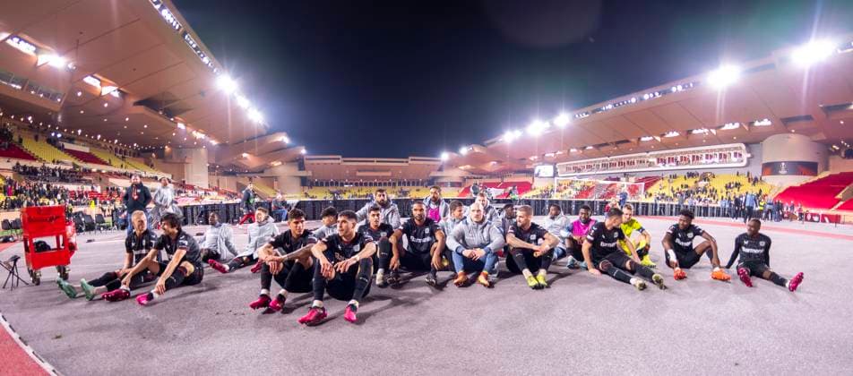 Sport Bilder des Tages 23.02.2023, Fussball UEFA Europa League 2022 2023, K.-o.-Runden-Play-off Rückspiel, AS Monaco - Bayer 04 Leverkusen - AS Monaco, Stade Louis II in Monaco. Jubel nach dem Sieg beim Elfmeterschiessen bei den Leverkusenern,