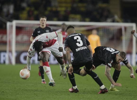 Breel Embolo of As Monaco and Piero Hincapie of Bayer 04 Leverkusen during the Uefa Europa League, football match between As Monaco and Bayer 04 Leverkusen,on 23 February 2023 at State Luis II in Monaco, Photo Ndrerim Kaceli  Copyright: xNderimxKaceli LiveMediax xipa-agx xLivexMediax 0 IPA_IPA36304791