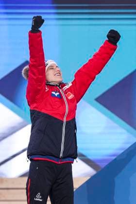 NORDIC SKIING - FIS Nordic WC Planica 2023 KRANJSKA GORA,SLOVENIA,24.FEB.23 - NORDIC SKIING - FIS Nordic World Ski Championships, medal plaza, award ceremony. Image shows the rejoicing of Eva Pinkelnig (AUT).  GEPAxpictures xPatrickxSteiner