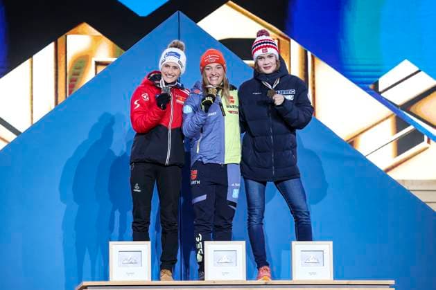 NORDIC SKIING - FIS Nordic WC Planica 2023 KRANJSKA GORA,SLOVENIA,24.FEB.23 - NORDIC SKIING - FIS Nordic World Ski Championships, medal plaza, award ceremony. Image shows Eva Pinkelnig (AUT), Katharina Althaus (GER) and Anna Odine Stroem (NOR).  GEPAxpictures xPatrickxSteiner