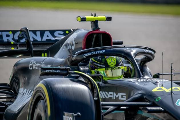SAKHIR, BAHRAIN: Lewis Hamilton, racing for the Mercedes AMG team during the 2023 Formula 1 Bahrain Testing at the Bahrain International Circuit in Sakhir, Bahrain.