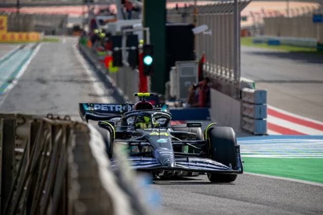 SAKHIR, BAHRAIN: Lewis Hamilton, racing for the Mercedes AMG team during the 2023 Formula 1 Bahrain Testing at the Bahrain International Circuit in Sakhir, Bahrain.
