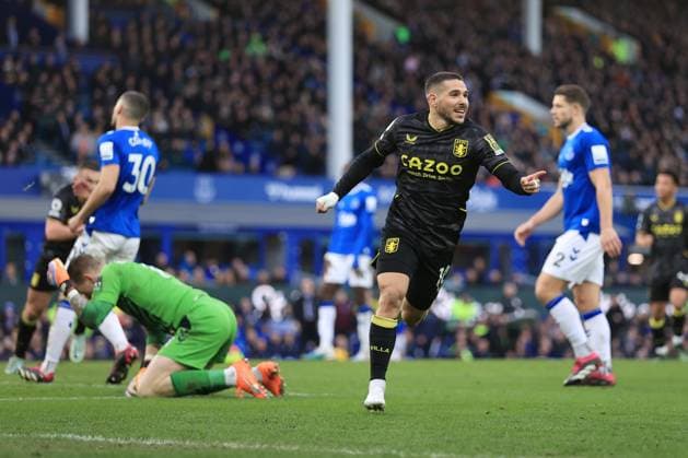 Football - Premier League - Everton v Aston Villa 25th February 2023 - Premier League - Everton v Aston Villa - Emi Buendia of Aston Villa celebrates after scoring their 2nd goal - Photo: Simon Stacpoole Offside. Liverpool UK Copyright: xSimonxStacpoolexOffside