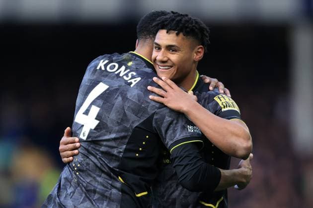 Football - Premier League - Everton v Aston Villa 25th February 2023 - Premier League - Everton v Aston Villa - Ollie Watkins of Aston Villa (R) celebrates with Ezri Konsa of Aston Villa after scoring their 1st goal - Photo: Simon Stacpoole Offside. Liverpool UK Copyright: xSimonxStacpoolexOffside