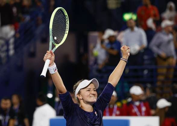Barbora Krejcikova jubelt nach dem Sieg, Jubel, Freude, Emotion, Finale, Endspiel - Dubai Tennis Championships 2023 - WTA, Tennis Damen - Dubai Duty Free Tennis Stadium - Dubai - - United Arab Emirates - 25 February 2023. Copyright: xJuergenxHasenkopfx