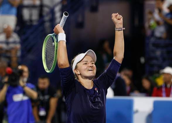 Barbora Krejcikova jubelt nach dem Sieg, Jubel, Freude, Emotion, Finale, Endspiel - Dubai Tennis Championships 2023 - WTA, Tennis Damen - Dubai Duty Free Tennis Stadium - Dubai - - United Arab Emirates - 25 February 2023. Copyright: xJuergenxHasenkopfx