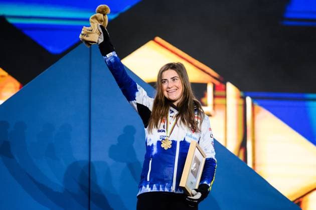 230225 Gold medalist Ebba Andersson celebrates at the Medal ceremony for the women?s cross-country skiing skiathlon during the FIS Nordic Ski World Championships on February 25, 2023 in Kranjska Gora. Photo: Petter Arvidson BILDBYRAN kod PA PA0521 skidor cross-country skiing langrenn skid-vm 2023 fis nordic ski world championships bbeng fis nordic world ski championships vm ski-vm medaljceremoni medal ceremony jubel Copyright: PETTERxARVIDSON BB230225PA162