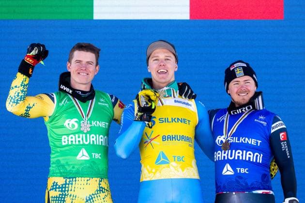 Bilder des Jahres 2023, Sport 02 Februar Sport Themen der Woche KW08 Sport Bilder des Tages FREE STYLE - FIS SX and SB World Championships Bakuriani 2023 BAKURIANI,GEORGIA,26.FEB.23 - FREESTYLE SKIING - FIS SX and SB World Championships, Ski Cross, finale, men, ladies. award ceremony. Image shows the rejoicing of Florian Wilmsmann (GER), Simone Deromedis (ITA) and Erik Mobaerg (SWE). Keywords: medal.  GEPAxpictures xMaticxKlansek