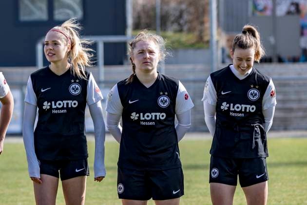 2. Frauen Bundesliga: Eintacht Frankfurt II - Turbine Potsdam II, Stadion am Brentanobad, Frankfurt, 26.02.2023 Janina Hechler (Eintracht Frankfurt II 12) & Madeleine Steck (Eintracht Frankfurt II 20), Eintracht Frankfurt 2 - Turbine Potsdam 2, Frankfurt, Stadion am Brentanobad, 26.2.2023 Copyright: xBEAUTIFULxSPORTS Gawlikx