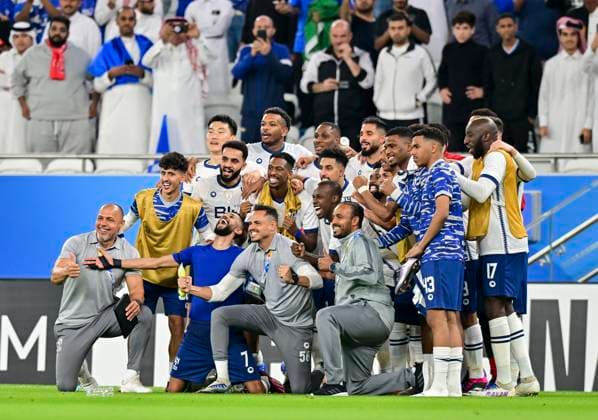 Fußball, AFC Champions League, Al Duhal SC - Al-Hilal Riad Al Hilal Saudi FC v Al Duhal SC - AFC Champions League 2022 Players of Saudi Arabias Al Hilal Saudi FC celebrate after victory 7-0 the AFC Champions League 2022 semi-finals match between Al Hilal Saudi FC and Al Duhal SC at Al Thumama Stadium in Doha, Qatar on 26 February 2023.Al Hilal Saudi FC won 7-0 DOHA Qatar  Copyright: xNoushadxThekkayilx originalFilename:varittyakkal-afcchamp230226_npBwl.jpg