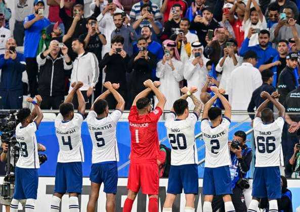 Fußball, AFC Champions League, Al Duhal SC - Al-Hilal Riad Al Hilal Saudi FC v Al Duhal SC - AFC Champions League 2022 Players of Saudi Arabias Al Hilal Saudi FC celebrate after victory 7-0 the AFC Champions League 2022 semi-finals match between Al Hilal Saudi FC and Al Duhal SC at Al Thumama Stadium in Doha, Qatar on 26 February 2023.Al Hilal Saudi FC won 7-0 DOHA Qatar  Copyright: xNoushadxThekkayilx originalFilename:varittyakkal-afcchamp230226_nplab.jpg