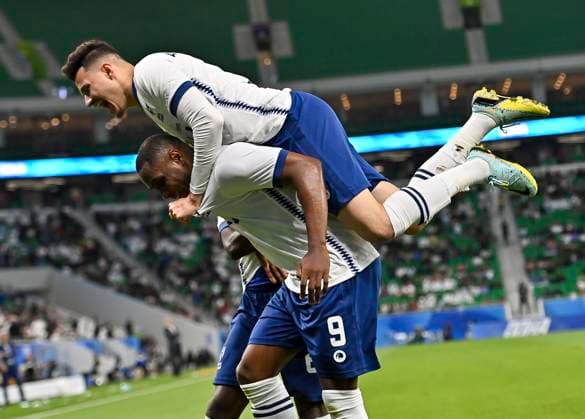 Fußball, AFC Champions League, Al Duhal SC - Al-Hilal Riad Al Hilal Saudi FC v Al Duhal SC - AFC Champions League 2022 Odion Jude Ighalo ( 9) of Saudi Arabias Al Hilal Saudi FC celebrates with teammates after scoring during the AFC Champions League 2022 semi-finals match between Al Hilal Saudi FC and Al Duhal SC at Al Thumama Stadium in Doha, Qatar on 26 February 2023.Al Hilal Saudi FC won 7-0 DOHA Qatar  Copyright: xNoushadxThekkayilx originalFilename:varittyakkal-afcchamp230226_npYo7.jpg