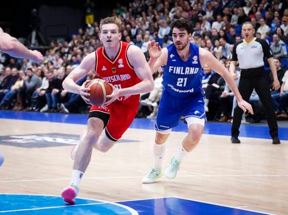 Justus Hollatz of Germany and Edon Maxhuni of Finland during the FIBA Basketball World Cup 2023 qualifying group J match between Finland and Germany at the Metro Areena on 27. February 2023 in Espoo, Finland. (Kalle Parkkinen Newspix24)  Copyright: xKallexParkkinenx np24271824910