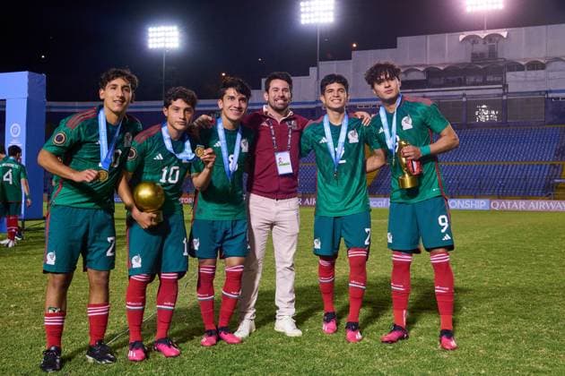 RECORD DATE NOT STATED Concacaf U-17 Championship 2023 Mexico vs United States Final (L-R), Yerar Azcarate, Gael Alvarez, Jose Urias, Jose Suarez, Stephano Carrillo of Mexico during the game Mexico (Mexican national team, Nationalteam vs United States (USA) corresponding to the great final of the Concacaf Under-17 Mens Championship Guatemala 2023, at Doroteo Guamuch Flores Stadium, on February 26, 2023. <br><br> (I-D), Yerar Azcarate, Gael Alvarez, Jose Urias, Jose Suarez, Stephano Carrillo de Mexico durante el partido Mexico (Seleccion Nacional Mexicana) vs Estados Unidos (EUA), correspondiente a la gran final del campeonato Masculino Sub-17 de la Concacaf Guatemala 2023, en el Estadio Doroteo Guamuch Flores, el 26 de Febrero de 2023. CIUDAD DE GUATEMALA GUATEMALA GUATEMALA Copyright: xCristianxdexMarchenax 20230226215204_CC_U17_F_MEX_USA_CARRILLO160
