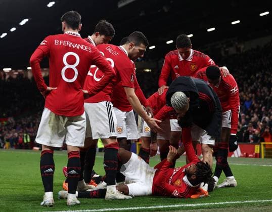 Sport Themen der Woche KW09 Sport Bilder des Tages Manchester, England, 1st March 2023. Fred of Manchester United, ManU celebrates after he scores to make it 3-1 during the The FA Cup match at Old Trafford, Manchester. Picture credit should read: Darren Staples Sportimage EDITORIAL USE ONLY. No use with unauthorised audio, video, data, fixture lists, club league logos or live services. Online in-match use limited to 120 images, no video emulation. No use in betting, games or single club league player publications. SPI-2267-0066