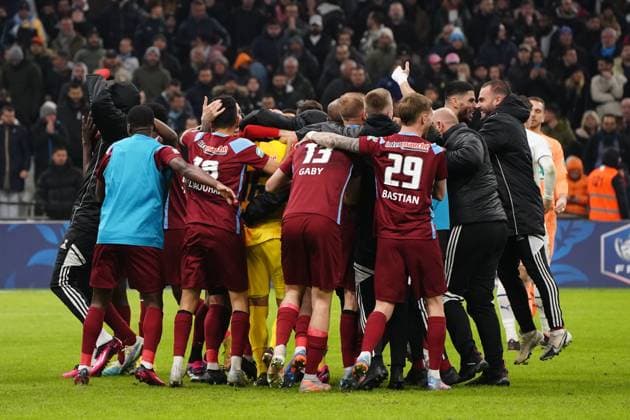 Joie - equipe de Annecy - Thomas Callens (FC Annecy) FOOTBALL : Olympique de Marseille vs FC Annecy - Quart de Finale de coupe de France - Marseille - 01 03 2023 NorbertScanella Panoramic 