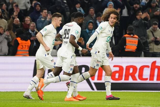 Franaois Regis Mughe (Olympique de Marseille) - Vitor Manuel Carvalho De Oliveira Vitinha (Olympique de Marseille) - Chancel Mbemba (Olympique de Marseille) - Matteo Guendouzi (Olympique de Marseille) FOOTBALL : Olympique de Marseille vs FC Annecy - Quart de Finale de coupe de France - Marseille - 01 03 2023 NorbertScanella Panoramic 