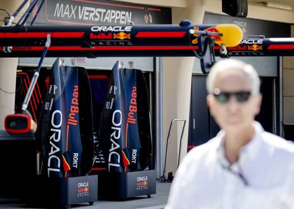 BAHRAIN - Parts of the cars of Sergio Perez (Red Bull Racing) and Max Verstappen (Red Bull Racing) at the Bahrain International Circuit in the Sakhir desert area ahead of the Bahrain Grand Prix. ANP SEM VAN DER WAL xVIxANPxSportx xxANPxIVx 463970263 originalFilename: 463970263.jpg
