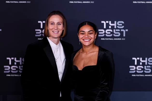 Paris, France - February 27: Ann-Katrin Berger (L) and Jess Carter of Chelsea and England (R) pose for photos during the Green Carpet Arrivals prior The Best FIFA Football Awards 2022 on February 27, 2023 in Paris, France. (Photo by Marcio Machado) Paris France