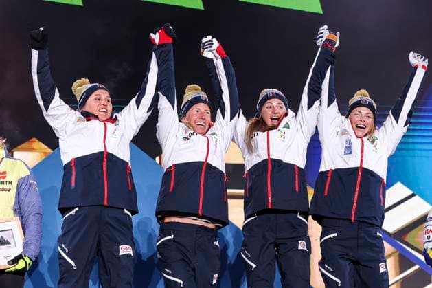 NORDIC SKIING - FIS Nordic WC Planica 2023 KRANJSKA GORA,SLOVENIA,03.MAR.23 - NORDIC SKIING, CROSS COUNTRY SKIING - FIS Nordic World Ski Championships, 4x5km relay, ladies, medal plaza, award ceremony. Image shows the rejoicing of the norwegian team.  GEPAxpictures xPatrickxSteiner