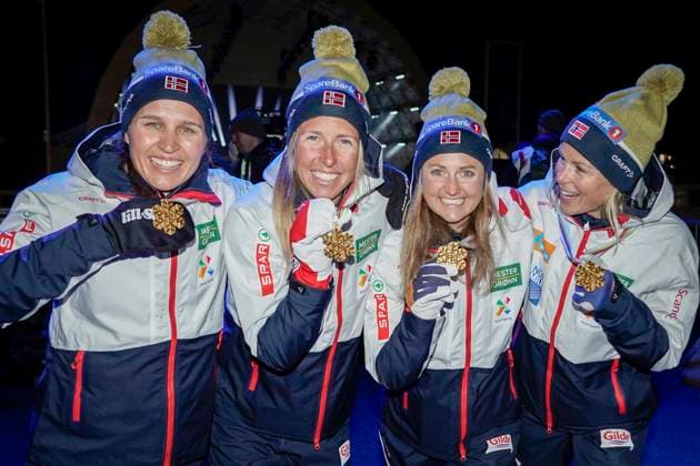 Ski WC 2023 medal ceremony Planica, Slovenia 20230303 Tiril Udnes Weng, Astrid oyre Slind, Ragnhild Flugstad ostberg and Anne Kjersti Kalva with the gold medals after winning the womens relay during the Ski WC 2023 in Planica, Slovenia Photo Heiko Junge NTB Photo Heiko Junge NTB Planica Slovenia EDITORIAL USE ONLY RESTRICTED USE FOR BETTING COMPANIES  Copyright: xHeikoxJungex xNTBx