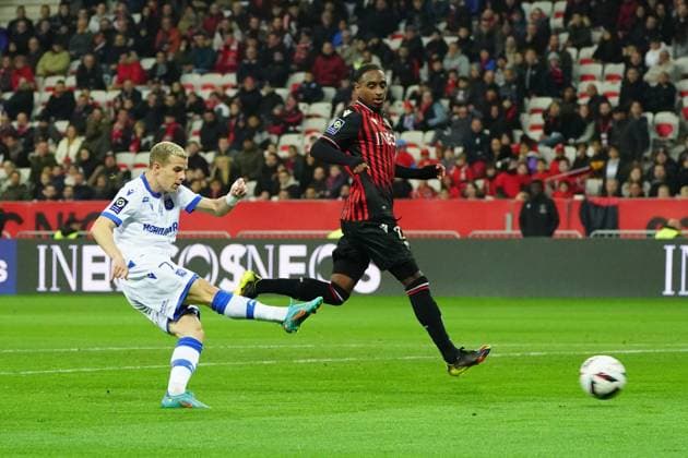 Fußball, OGC Nizza - AJ Auxerre But - Gauthier Hein (AJ Auxerre) FOOTBALL : OGC Nice vs AJ Auxerre - Ligue 1 Ubereats - Nice - 03 03 2023 NorbertScanella Panoramic 