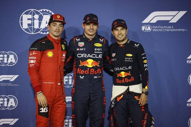 VERSTAPPEN Max (ned), Red Bull Racing RB19, portrait LECLERC Charles (mco), Scuderia Ferrari SF-23, portrait PEREZ Sergio (mex), Red Bull Racing RB19, portrait during the Formula 1 Gulf Air Bahrain Grand Prix 2023, 1st round of the 2023 FIA Formula One World Championship, WM, Weltmeisterschaft from March 2 3 to 5, 2023 on the Bahrain International Circuit, in Sakhir, Bahrain - F1 - BAHRAIN GRAND PRIX 2023 DPPI Panoramic _R3_0649