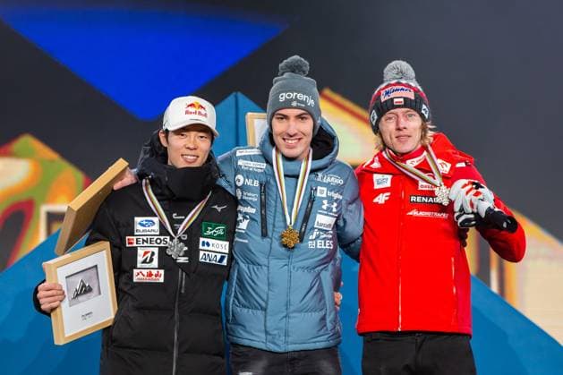 NORDIC SKIING - FIS Nordic WC Planica 2023 KRANJSKA GORA,SLOVENIA,04.MAR.23 - NORDIC SKIING, Ski jumping, Skispringen, Ski, nordisch - FIS Nordic World Ski Championships, large hill, men, medal plaza, award ceremony. Image shows Ryoyu Kobayashi (JPN), Timi Zajc (SLO) and Dawid Kubacki (POL). GEPAxpictures xGintarexKarpaviciute