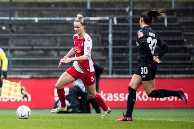FLYERALARM. Frauen Fussball Bundesliga, 1. FC Koeln - Bayer 04 Leverkusen; 05.03.2023 Jana Beuschlein (1. FC Koeln, 23), Lara Marti (Bayer 04 Leverkusen, 30) FLYERALARM Frauen Fussball Bundesliga, 1. FC Koeln - Bayer 04 Leverkusen, Koeln, Geissbockheim DFB REGULATIONS PROHIBIT ANY USE OF PHOTOGRAPHS AS IMAGE SEQUENCES AND OR QUASI-VIDEO. Copyright: xBEAUTIFULxSPORTS Wunderlx