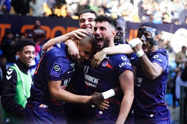 Fußball, HSC Montpellier - SCO Angers joie - Wahbi Khazri (Montpellier) - Jordan Ferri (Montpellier) FOOTBALL : Montpellier vs SCO Angers - Ligue 1 Ubereats - Montpellier - 05 03 2023 NorbertScanella Panoramic 