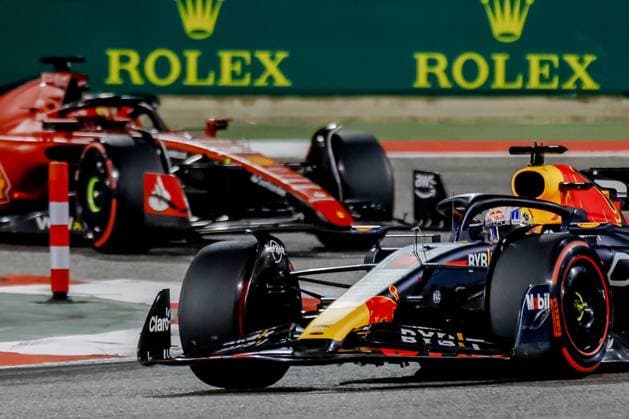 BAHRAIN - Max Verstappen (Red Bull Racing) and Charles Leclerc (Ferrari) in action during the Bahrain Grand Prix. It is the first race of the 2023 Formula 1 season. ANP SEM VAN DER WAL F1 Grand Prix of Bahrain 2023 xVIxANPxSportx xxANPxIVx 464246050 originalFilename: 464246050.jpg