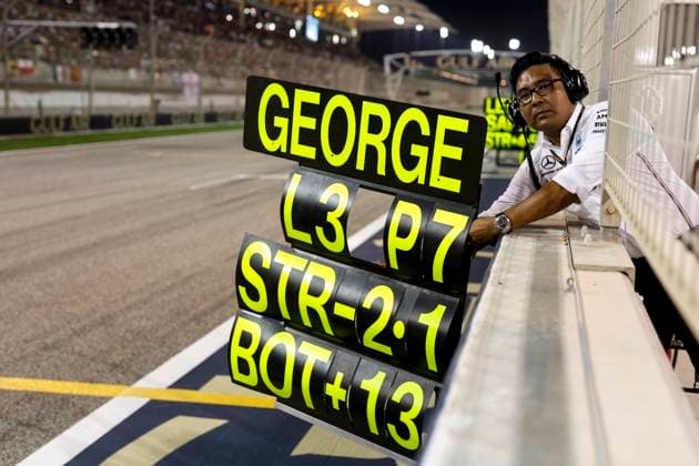 Pitboard for 63 George Russell (GBR, Mercedes-AMG Petronas F1 Team), F1 Grand Prix of Bahrain at Bahrain International Circuit on March 5, 2023 in Sakhir, Bahrain. (Photo by HOCH ZWEI) Sakhir Bahrain