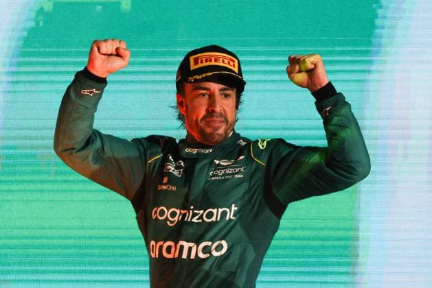 March 5, 2023, Sakhir, Bahrain: FERNANDO ALONSO of Aston Martin celebrates on podium after finishing 3rd in the season opener Formula One Grand Prix of Bahrain at Bahrain International Circuit. Sakhir Bahrain - ZUMAz156 20230305_zip_z156_052 Copyright: xBeataxZawrzelx