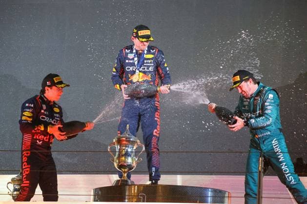 March 5, 2023, Bahrain: Max Verstappen (NED) Redbull Racing RB19 Sergio Perez (MEX) Redbull Racing RB19 Fernando Alonso (SPA) Aston Martn AMR23 CELEBRATING IN PODIUM OF THE RACE of FORMULA 1 GULF AIR BAHRAIN GRAND PRIX 2023, SAKHIR, BAHRAIN, MARCH, 05 2023. Formula 1 Championship - FORMULA 1 GULF AIR BAHRAIN GRAND PRIX 2023, , Bahrain  - ZUMAl164 20230305_zsa_l164_711 Copyright: xAlexxGallix