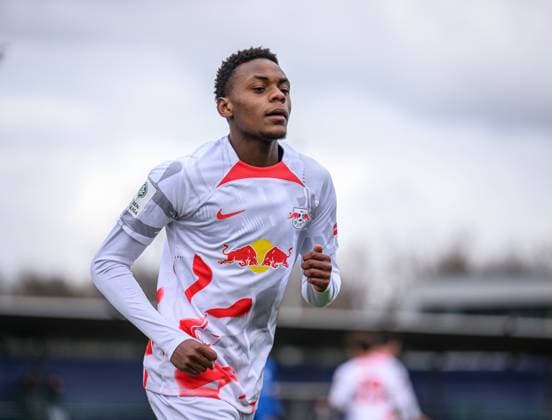 Leipzigs Chilohem Onuoha. Fussball U19 A-Junioren Bundesliga, 15. Spieltag: RB Leipzig U19 - SV Meppen. 26. Februar 2023: Leipzig, Red Bull Akademie. RB Leipzig U19 - SV Meppen *** Leipzigs Chilohem Onuoha Football U19 A Junior Bundesliga, Matchday 15 RB Leipzig U19 SV Meppen 26 February 2023 Leipzig, Red Bull Academy RB Leipzig U19 SV Meppen