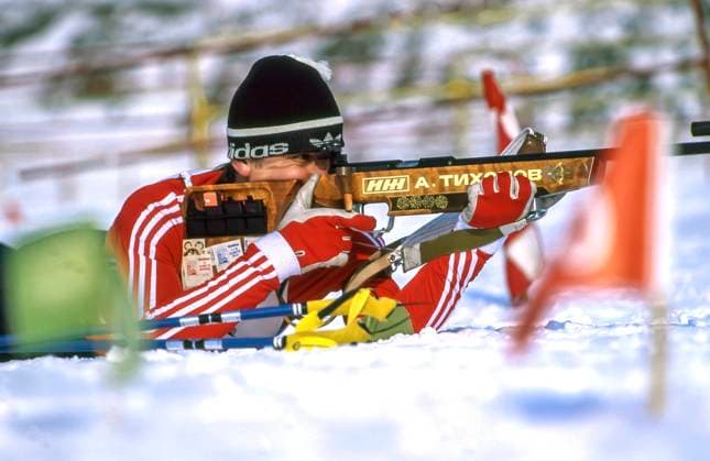 Lake Placid, United States. Soviet athlete Alexander Tikhonov shoots during the 4 x 7,5 km men s biathlon event during the 1980 Winter Olympics. Robert Maximov TASS  57490841