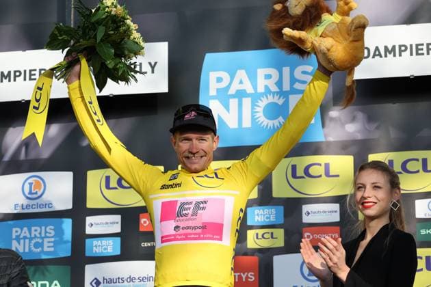Sport Themen der Woche KW10 Sport Bilder des Tages Leader in the general ranking Danish Magnus Cort Nielsen of EF Education-EasyPost celebrates on the podium of the third stage of the 81st edition of the Paris-Nice eight days cycling race, a 32,2 km team time trial with start and finish in Dampierre-en-Burly, France, Tuesday 07 March 2023. DAVIDxPINTENS  x61904646x