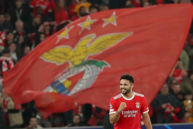 March 7, 2023, Lisbon, Portugal: Goncalo Ramos of Benfica celebrates after scoring a goal during the UEFA Champions League round of 16, second leg, football match between SL Benfica and Club Brugge at the Luz stadium in Lisbon, Portugal on March 7, 2023. Lisbon Portugal - ZUMAf123 20230307_zap_f123_013 Copyright: xPedroxFiuzax