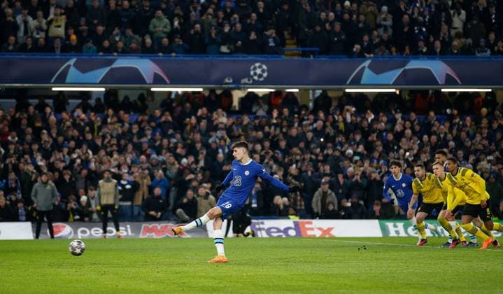 Mandatory Credit: Photo by Matt Impey Shutterstock (13796869v) Kai Havertz scores a goal for Chelsea from the penalty spot to make the score 2-0 Chelsea v Borussia Dortmund, Football, UEFA Champions League, Stamford Bridge, Chelsea, London, UK - 07 03 2023 Editorial use only Chelsea v Borussia Dortmund, Football, UEFA Champions League, Stamford Bridge, Chelsea, London, UK - 07 03 2023 Editorial use only  Copyright: xMattxImpey Shutterstockx 13796869v