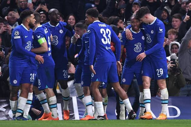 Fußball Champions League Achtelfinale FC Chelsea - Borussia Dortmund am 07.03.2023 an der Stamford Bridge in London Torjubel Jubel Tor zum 1:0 durch Raheem Sterling ( Chelsea )