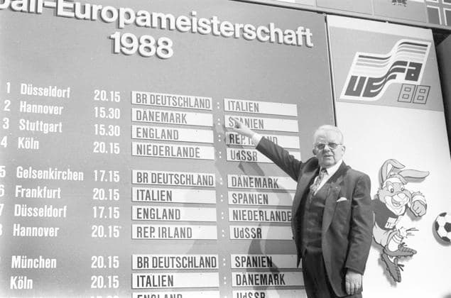 Europameisterschaft 1988 in Deutschland. Auslosung der Endrunde in Düsseldorf 12.02.1988 . DFB Präsident Hermann Neuberger vor der Auslosungstafel mit den Spielpaarungen. *** European Championship 1988 in Germany Draw of the final round in Düsseldorf 12 02 1988 DFB President Hermann Neuberger in front of the draw board with the match pairings HM