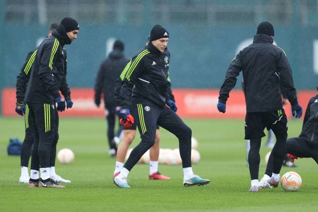 Football - UEFA Europa League - Round of 16 (1st Leg) - Manchester United, ManU Training Session 8th March 2023 - UEFA Europa League - Round of 16 (1st Leg) - Manchester United Training Session - Victor Lindelof of Manchester United - Photo: Simon Stacpoole Offside. Manchester UK Copyright: xSimonxStacpoolexOffside